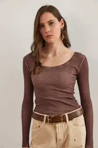 Olalook Women's Washed Bitter Brown Wide Collar Camisole Blouse - Image 3