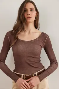 Olalook Women's Washed Bitter Brown Wide Collar Camisole Blouse - Image 5