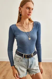 Olalook Women's Washed Indigo Wide Collar Camisole Blouse - Image 5