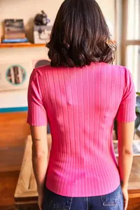 Olalook Women Fuchsia V-neck Summer Knitwear Blouse BLZ- - Image 5