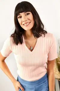 Olalook Women Powder Pink V-neck Summer Knitwear Blouse