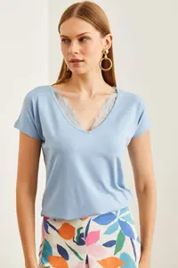 Olalook Women's Baby Blue Collar Lace Loose Viscose Blouse - Image 3