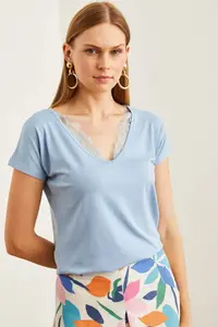 Olalook Women's Baby Blue Collar Lace Loose Viscose Blouse - Image 4