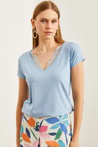 Olalook Women's Baby Blue Collar Lace Loose Viscose Blouse - Image 5