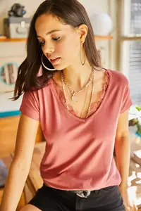 Olalook Women's Dusty Rose Collar Lace Loose Viscose Blouse Blouse