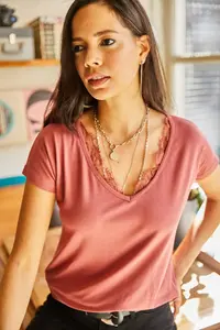 Olalook Women's Dusty Rose Collar Lace Loose Viscose Blouse Blouse - Image 2