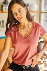 Olalook Women's Dusty Rose Collar Lace Loose Viscose Blouse Blouse - Image 3