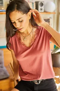 Olalook Women's Dusty Rose Collar Lace Loose Viscose Blouse Blouse - Image 4