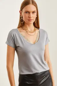 Olalook Women's Gray Collar Lace Casual Viscose Blouse