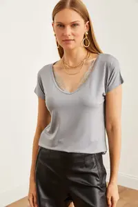 Olalook Women's Gray Collar Lace Casual Viscose Blouse - Image 3