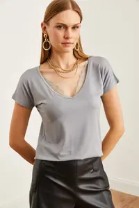 Olalook Women's Gray Collar Lace Casual Viscose Blouse - Image 5