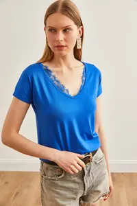 Olalook Women's Saks Blue Collar Lace Casual Viscose Blouse - Image 2