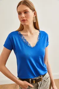 Olalook Women's Saks Blue Collar Lace Casual Viscose Blouse - Image 4