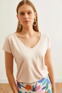 Olalook Women's Stone Collar Lace Casual Viscose Blouse