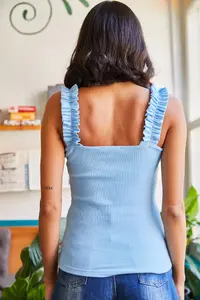 Olalook Women's Baby Blue Strap Frilly Lycra Camisole Blouse - Image 7