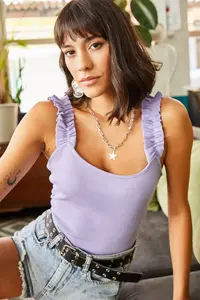 Olalook Women's Lilac Strap Frilly Lycra Camisole Blouse - Image 2