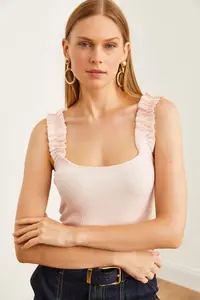 Olalook Women's Powder Strap Frilly Lycra Camisole Blouse