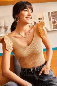 Olalook Women's Beige Front Back V Shoulder Ruffle Knitwear Blouse