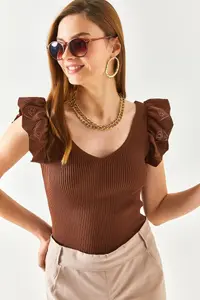 Olalook Women's Bitter Brown Front Back V Shoulder Ruffle Knitwear Blouse