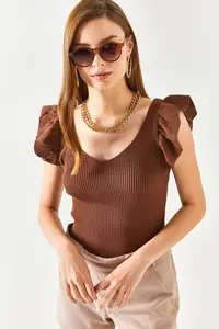 Olalook Women's Bitter Brown Front Back V Shoulder Ruffle Knitwear Blouse - Image 3