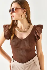 Olalook Women's Bitter Brown Front Back V Shoulder Ruffle Knitwear Blouse - Image 6