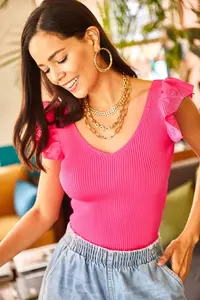 Olalook Women's Fuchsia Front Back V Shoulder Ruffle Knitwear Blouse - Image 4