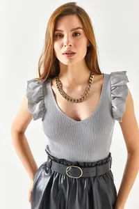Olalook Women's Gray Front Back V Shoulder Ruffle Knitwear Blouse - Image 2