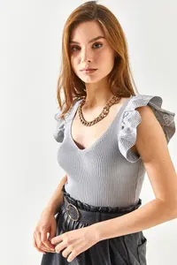 Olalook Women's Gray Front Back V Shoulder Ruffle Knitwear Blouse - Image 3