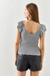 Olalook Women's Gray Front Back V Shoulder Ruffle Knitwear Blouse - Image 6