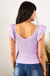Olalook Women Lilac Front Back V Shoulder Frilly Knitwear Blouse - Image 5