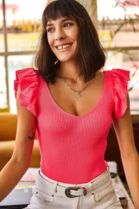 Olalook Women's Neon Fuchsia Front Back V Shoulder Ruffle Knitwear Blouse - Image 4
