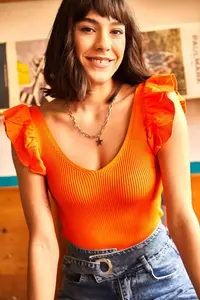 Olalook Women's Orange Front Back V Shoulder Ruffle Knitwear Blouse - Image 2