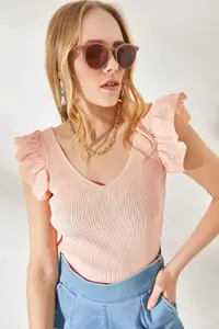 Olalook Women's Powder Front Back V Shoulder Ruffle Knitwear Blouse