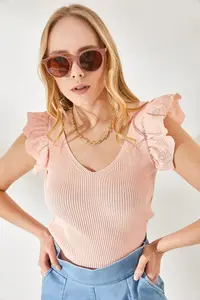 Olalook Women's Powder Front Back V Shoulder Ruffle Knitwear Blouse - Image 2