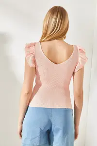 Olalook Women's Powder Front Back V Shoulder Ruffle Knitwear Blouse - Image 5