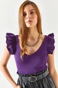 Olalook Women's Purple Front Back V Shoulder Ruffle Knitwear Blouse