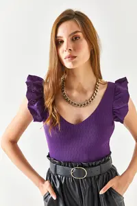 Olalook Women's Purple Front Back V Shoulder Ruffle Knitwear Blouse - Image 2