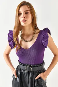 Olalook Women's Purple Front Back V Shoulder Ruffle Knitwear Blouse - Image 3