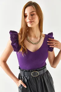 Olalook Women's Purple Front Back V Shoulder Ruffle Knitwear Blouse - Image 4