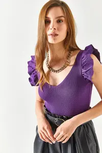 Olalook Women's Purple Front Back V Shoulder Ruffle Knitwear Blouse - Image 5