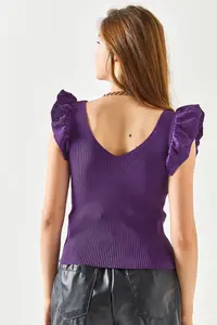 Olalook Women's Purple Front Back V Shoulder Ruffle Knitwear Blouse - Image 7