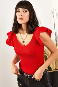 Olalook Women Red Front Back V Shoulder Frilly Knitwear Blouse - Image 2