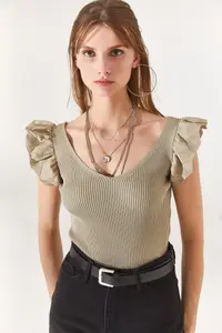 Olalook Women's Stone Front Back V Shoulder Ruffle Knitwear Blouse - Image 2