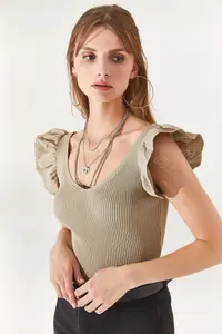 Olalook Women's Stone Front Back V Shoulder Ruffle Knitwear Blouse - Image 3
