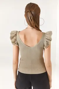 Olalook Women's Stone Front Back V Shoulder Ruffle Knitwear Blouse - Image 5