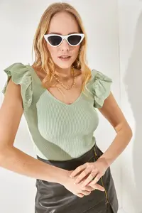 Olalook Women's Water Green Front Back V Shoulder Ruffle Knitwear Blouse - Image 2