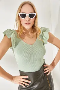 Olalook Women's Water Green Front Back V Shoulder Ruffle Knitwear Blouse - Image 3