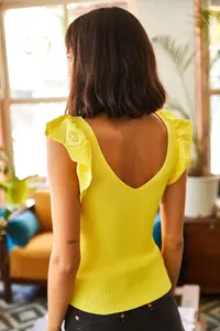 Olalook Women's Yellow Front Back V Shoulder Ruffle Knitwear Blouse - Image 7