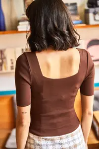 Olalook Women's Bitter Brown Square Collar Above Waist Knitwear Blouse - Image 5