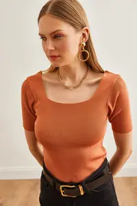 Olalook Women's Copper Square Collar Above Waist Knitwear Blouse